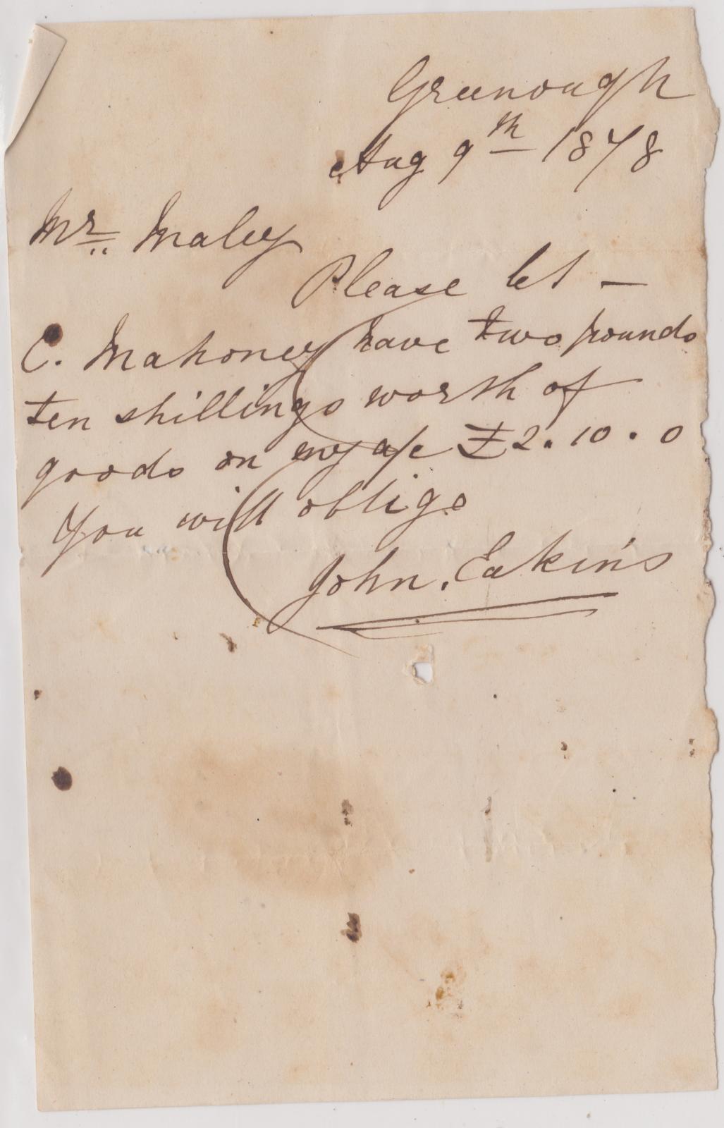 Promissory note for Charles Mahoney from John Eakins