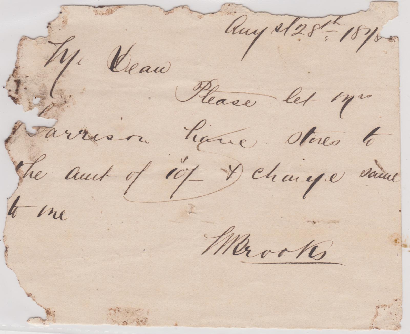Promissory note for Mrs Harrison from W. Brooks
