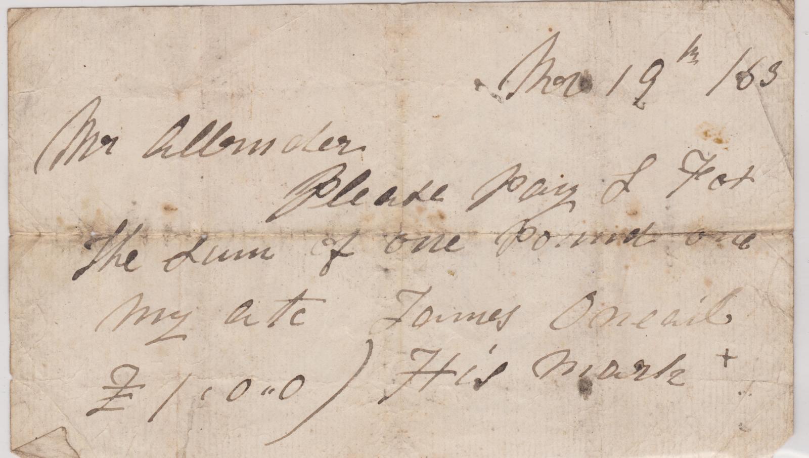 Promissory note for J. Fox from James O'Neil