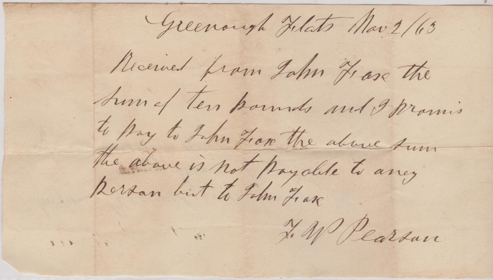 Receipt issued to John Fox by F.W. Pearson