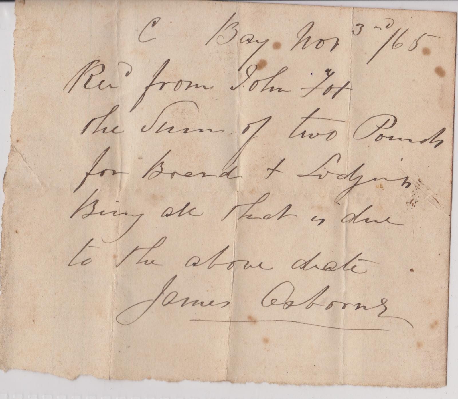 Receipt issued to John Fox by James Osborne