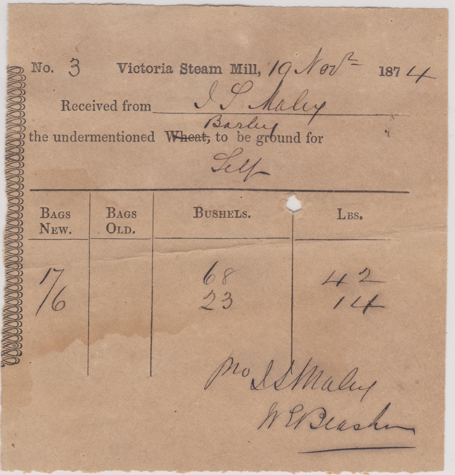 Victoria Steam Mill docket No.3, delivery of barley