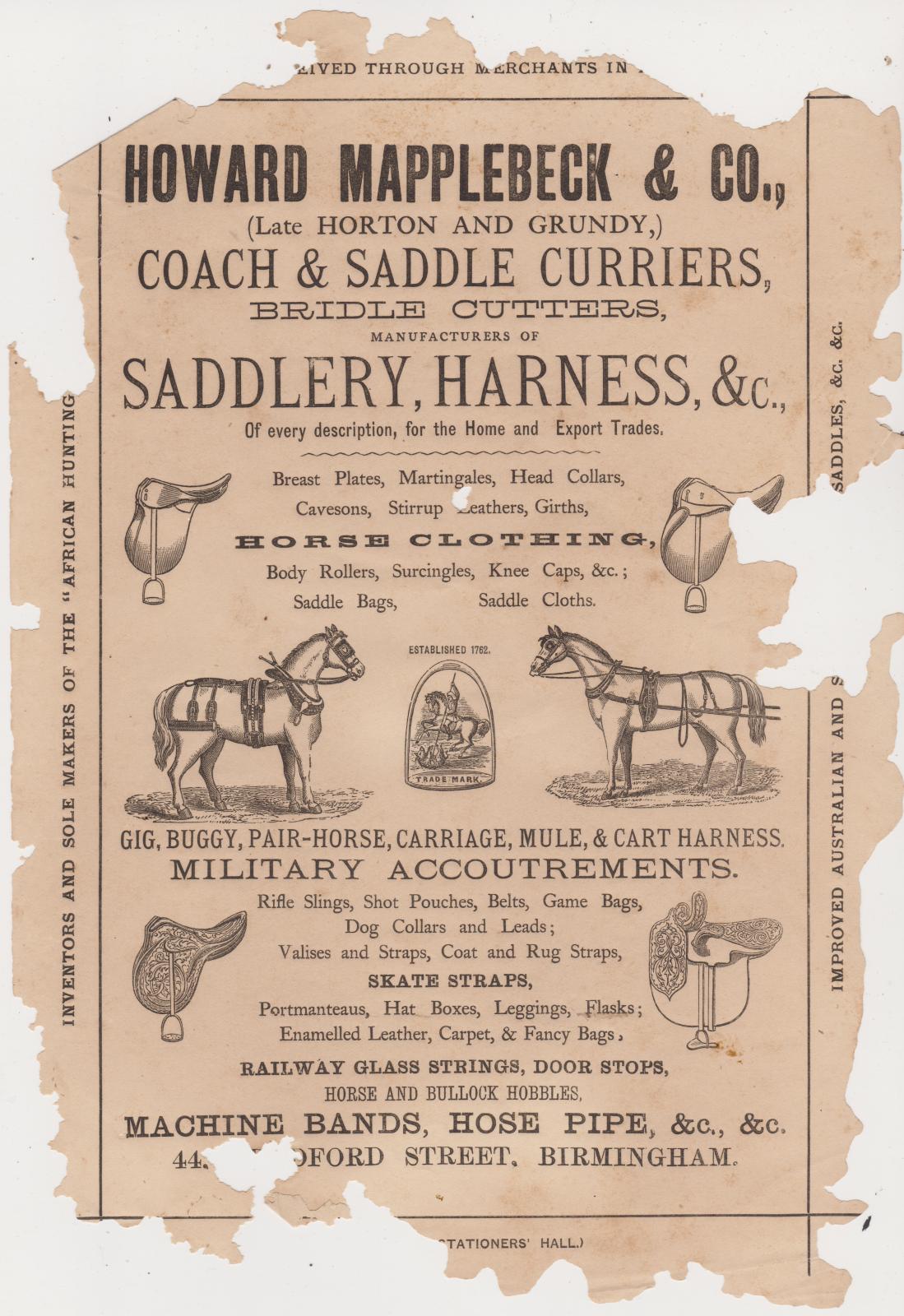 Advertising sheet for Howard Mapplebeck & Co