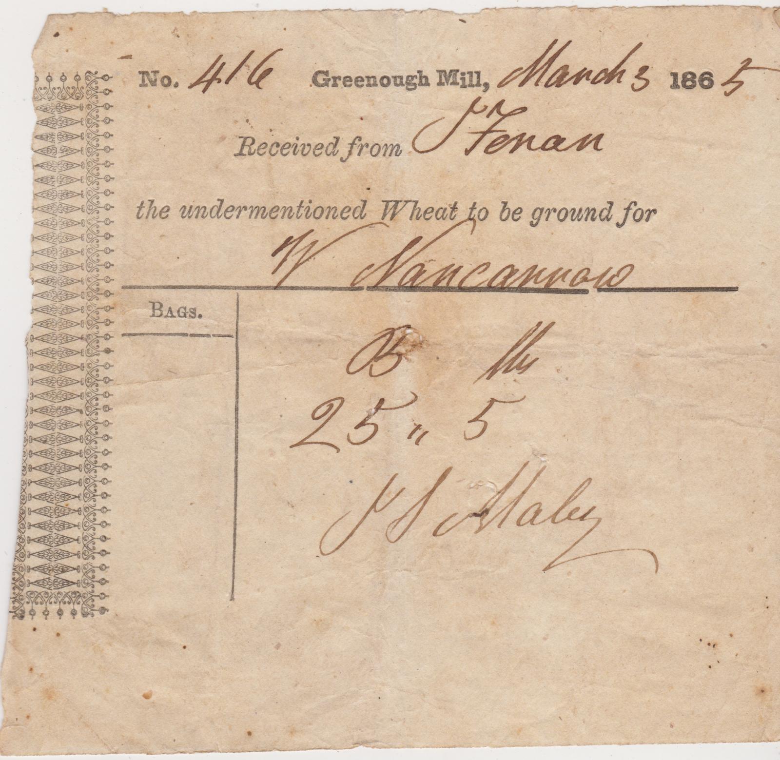 Wheat delivery note no.416 for W. Nancarrow