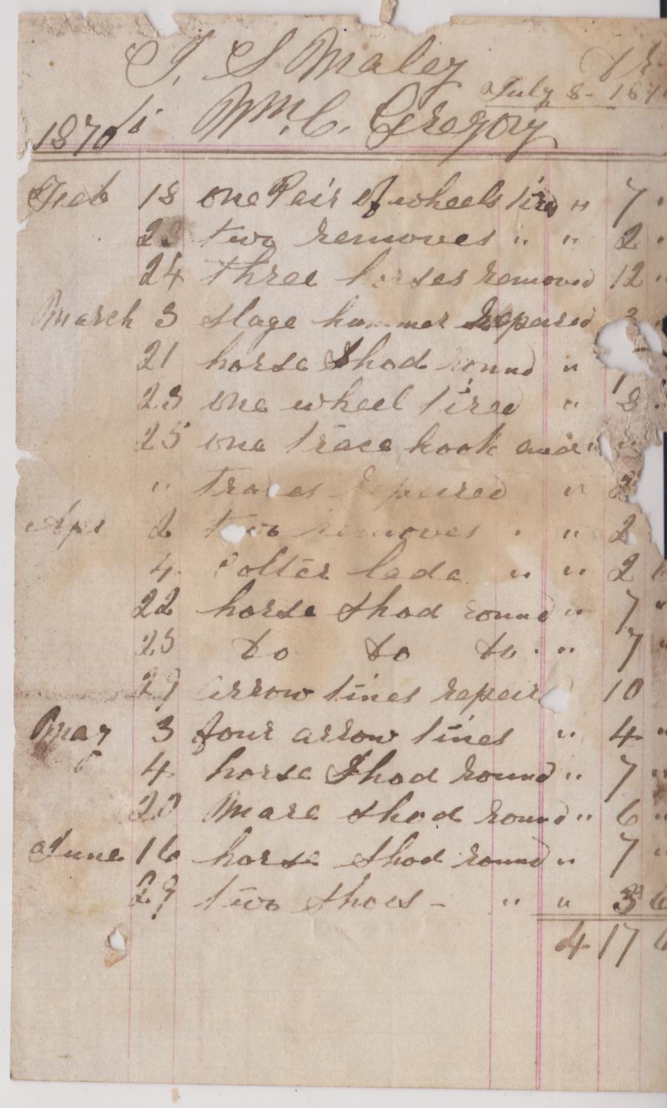 Invoice for blacksmith work from W.C. Gregory