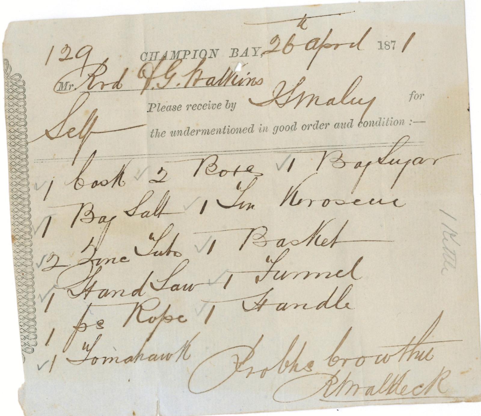 Crowther Cart note no.129 for Revd D.G. Watkins