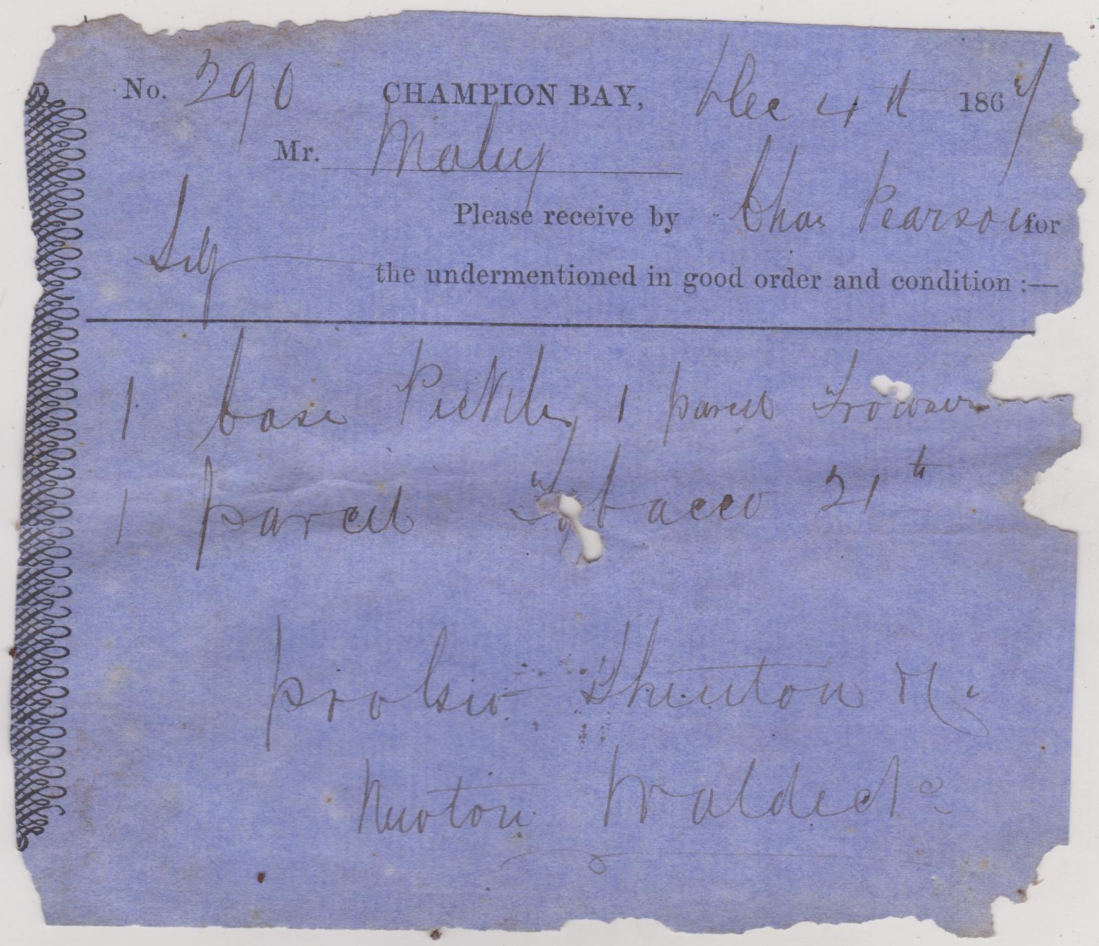 Shenton & Co Cart Note no.290, goods delivered by Chas. Pearson