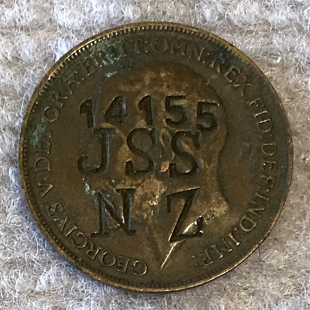 WWI identity disc made from a coin for John Stephen Shimmin