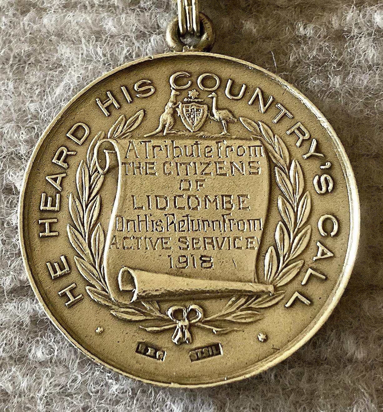 Close-up of Welcome Home presentation medal from the Citizens of Lidcombe