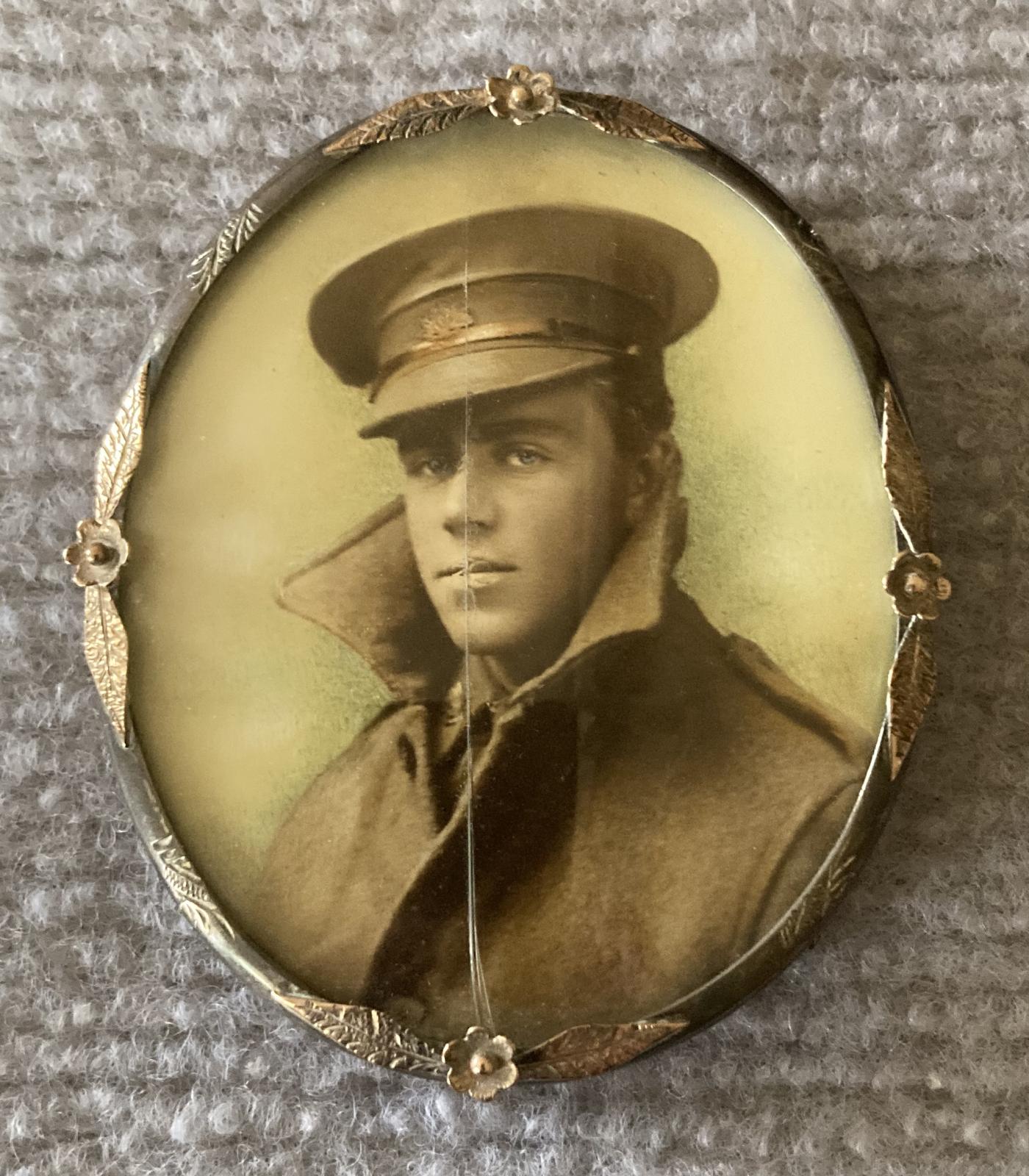 Miniature hand tinted portrait of WWI Australian soldier in silver and gold frame