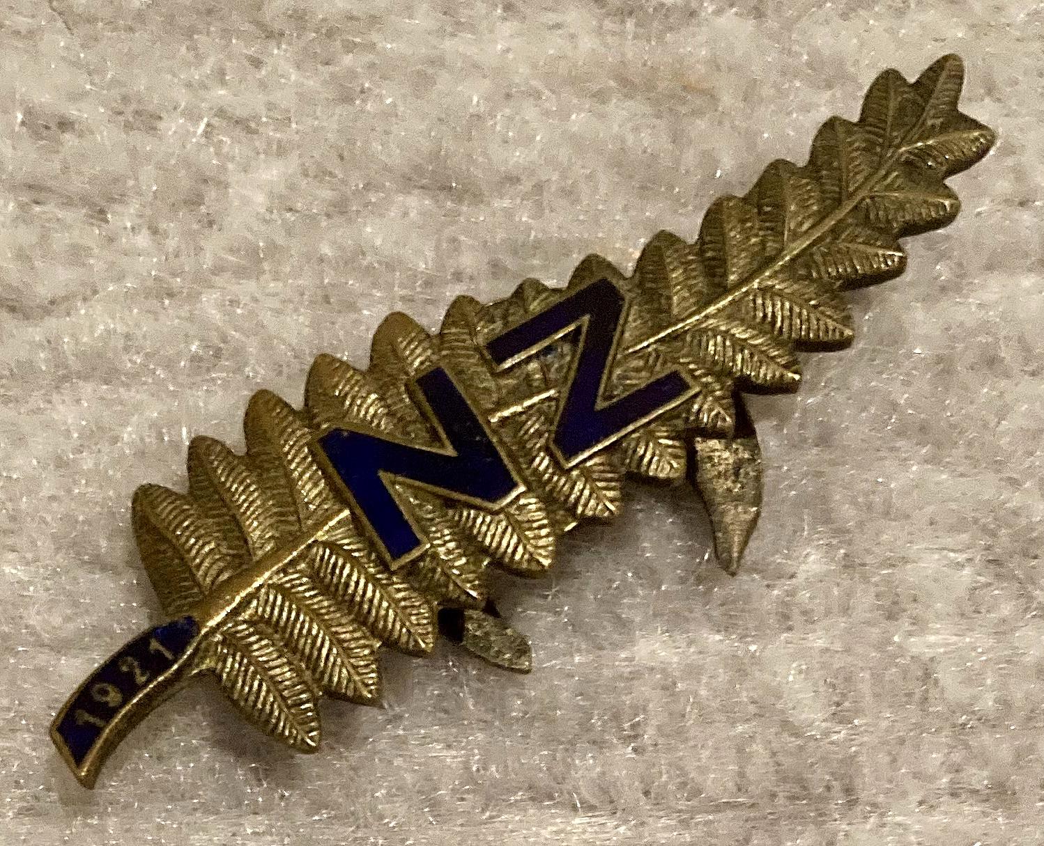Angled view of 1921 New Zealand silver fern sweetheart brooch