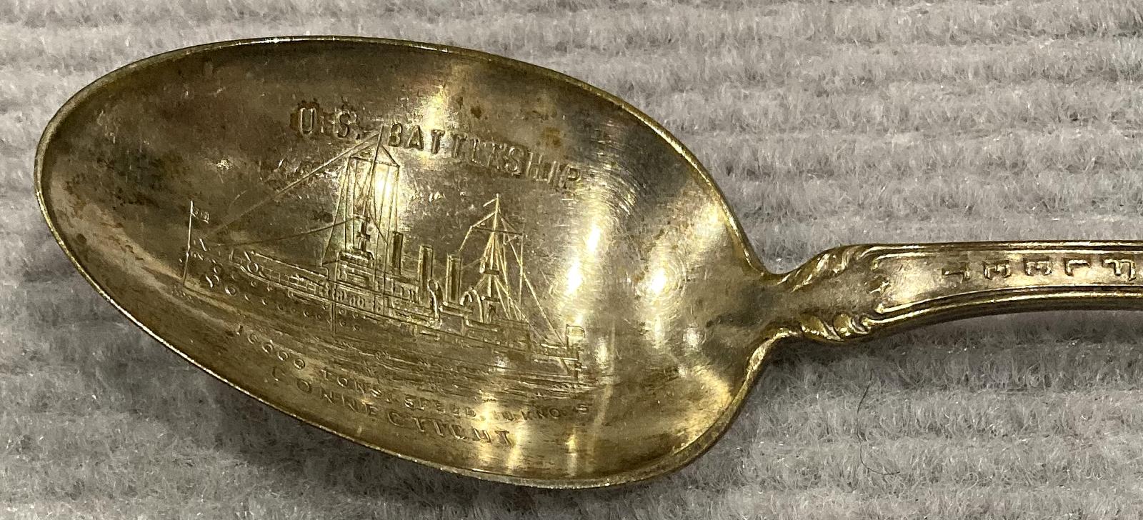 Close-up of spoon bowl showing U.S. Battleship Connecticut