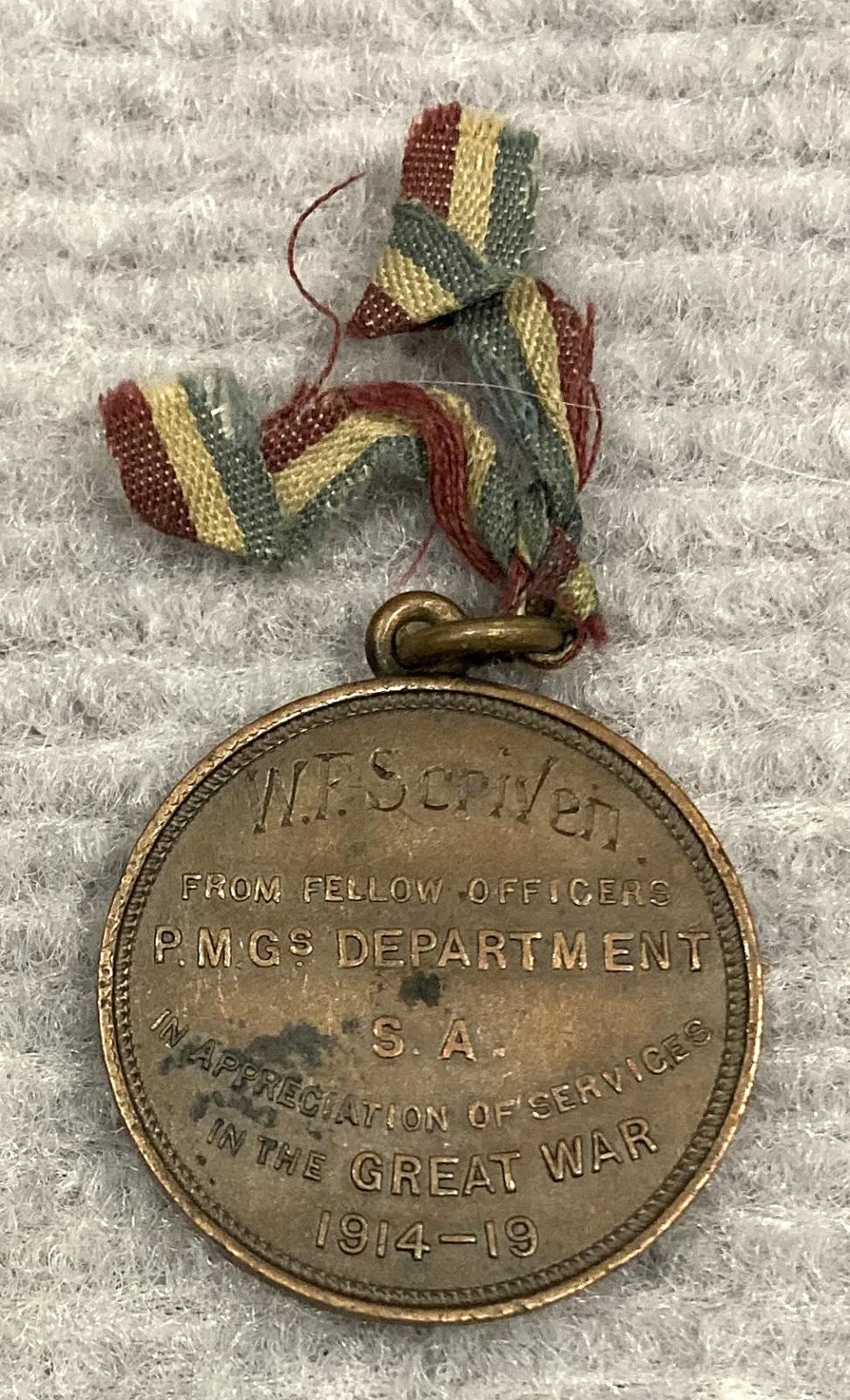 War Service medal from South Australian P.M.G. Department presented to Walter Frederick Scriven