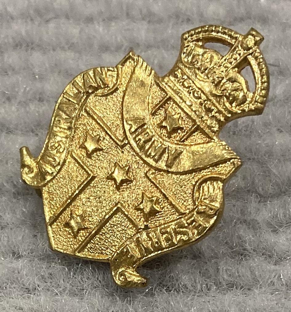 Angled view of Australian Army Reserve gilded brass lapel badge