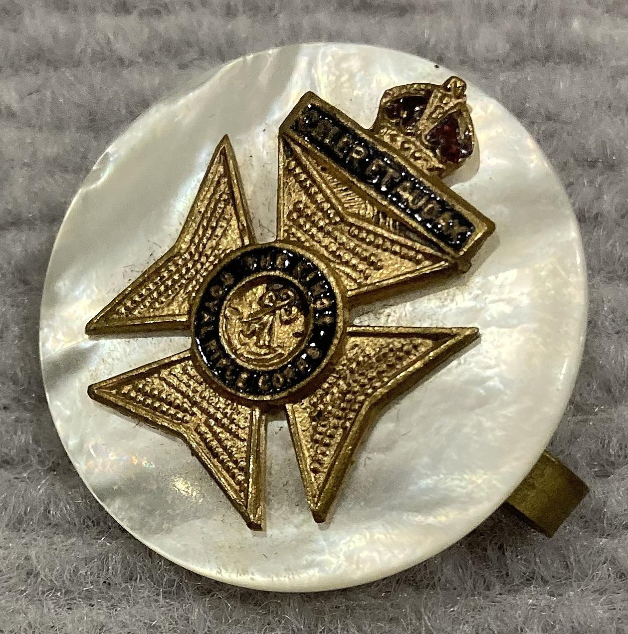 Angled view of King's Royal Rifle Company mother of pearl sweetheart brooch