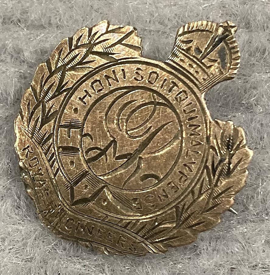 Other angled view of Royal Engineers engraved metal sweetheart brooch