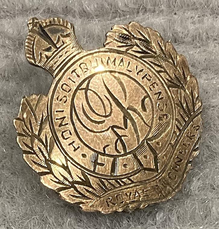Angled view of Royal Engineers engraved metal sweetheart brooch