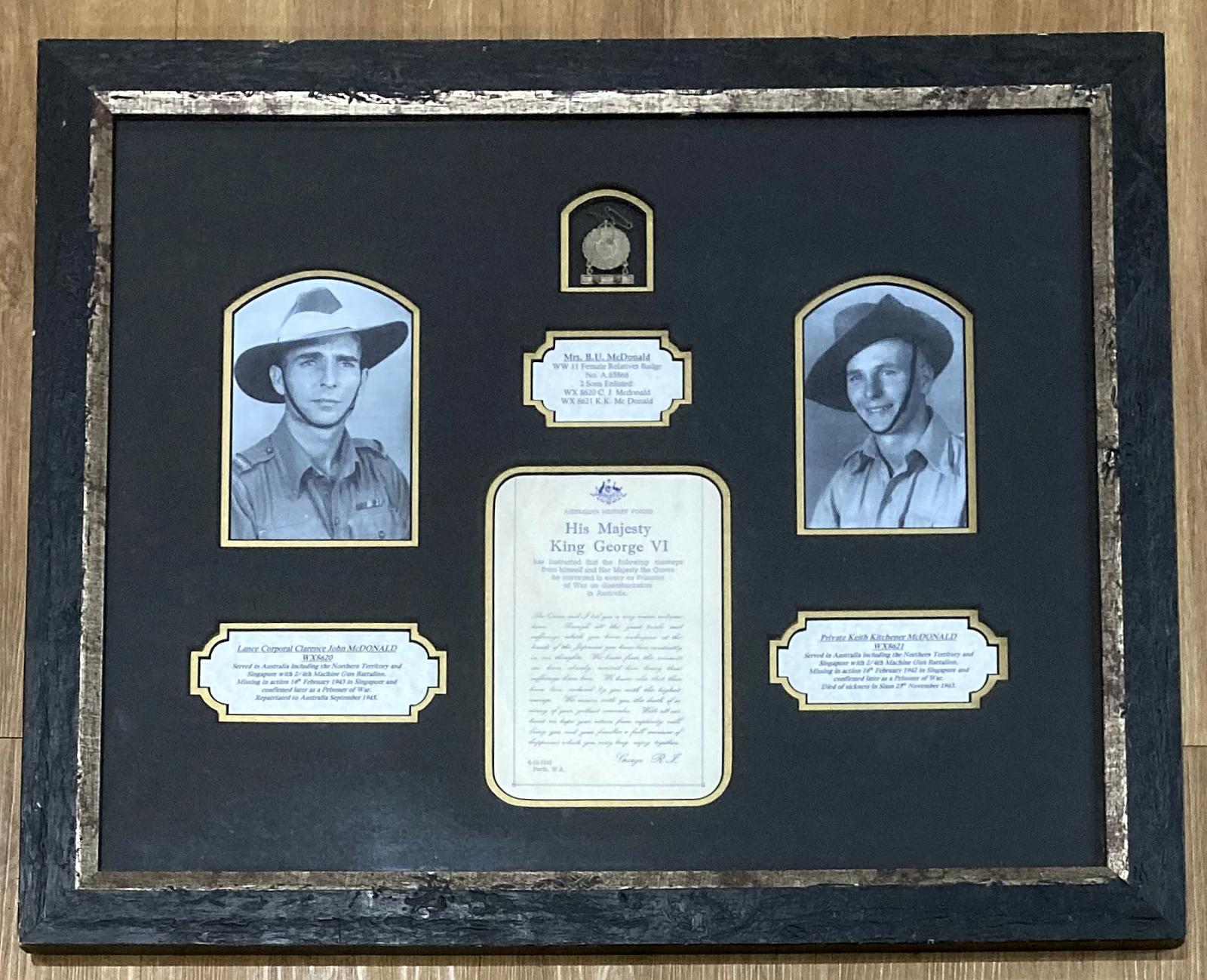 Framed WWII Female Relative's Badge with two stars issued to Beatrice Maud McDonald