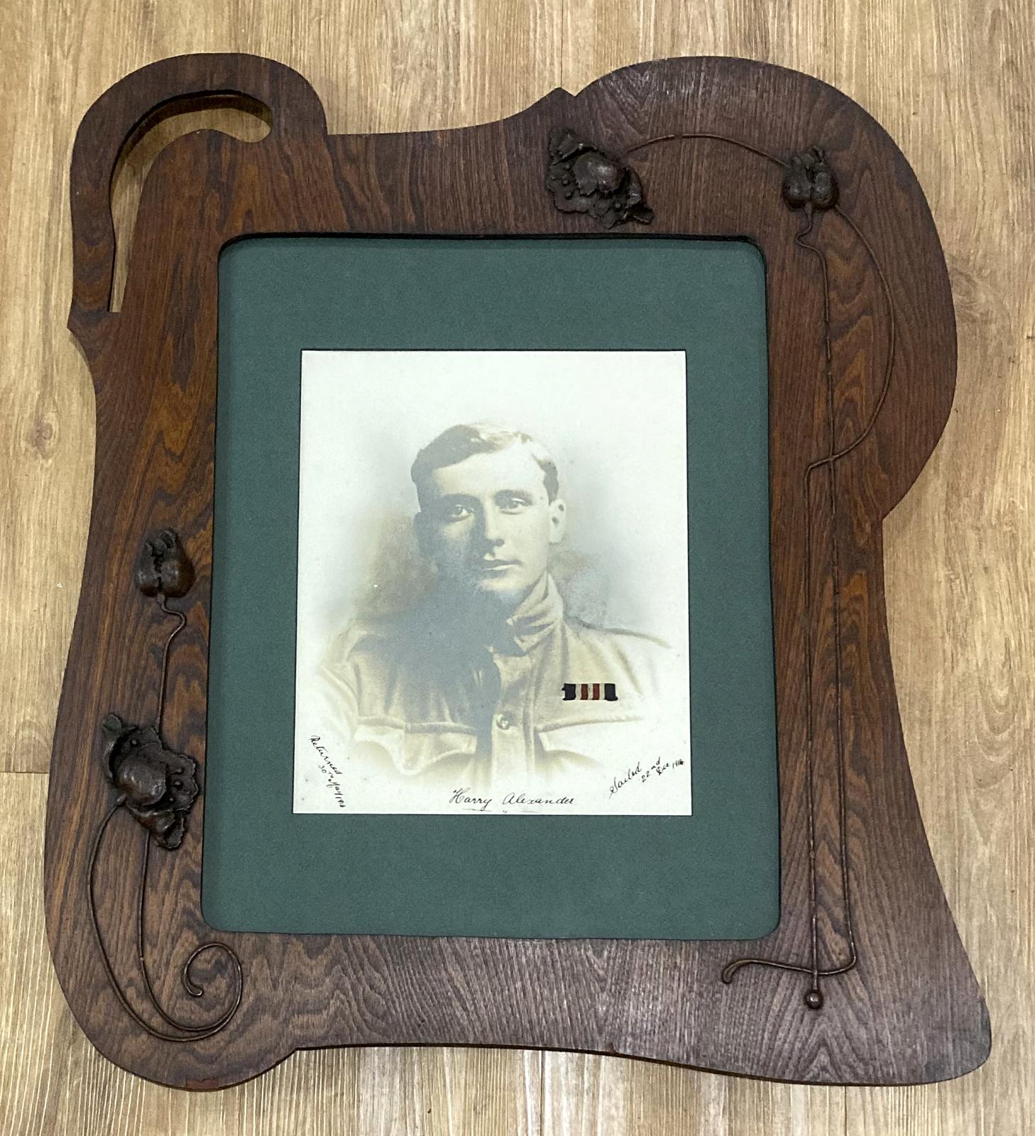 Art Nouveau timber framed portrait of A.I.F. soldier, Harry Alexander M.M.