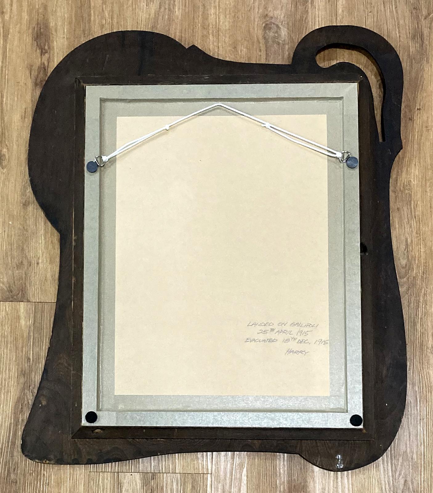 Reverse of Art Nouveau timber framed portrait of A.I.F. soldier, Harry Alexander M.M.