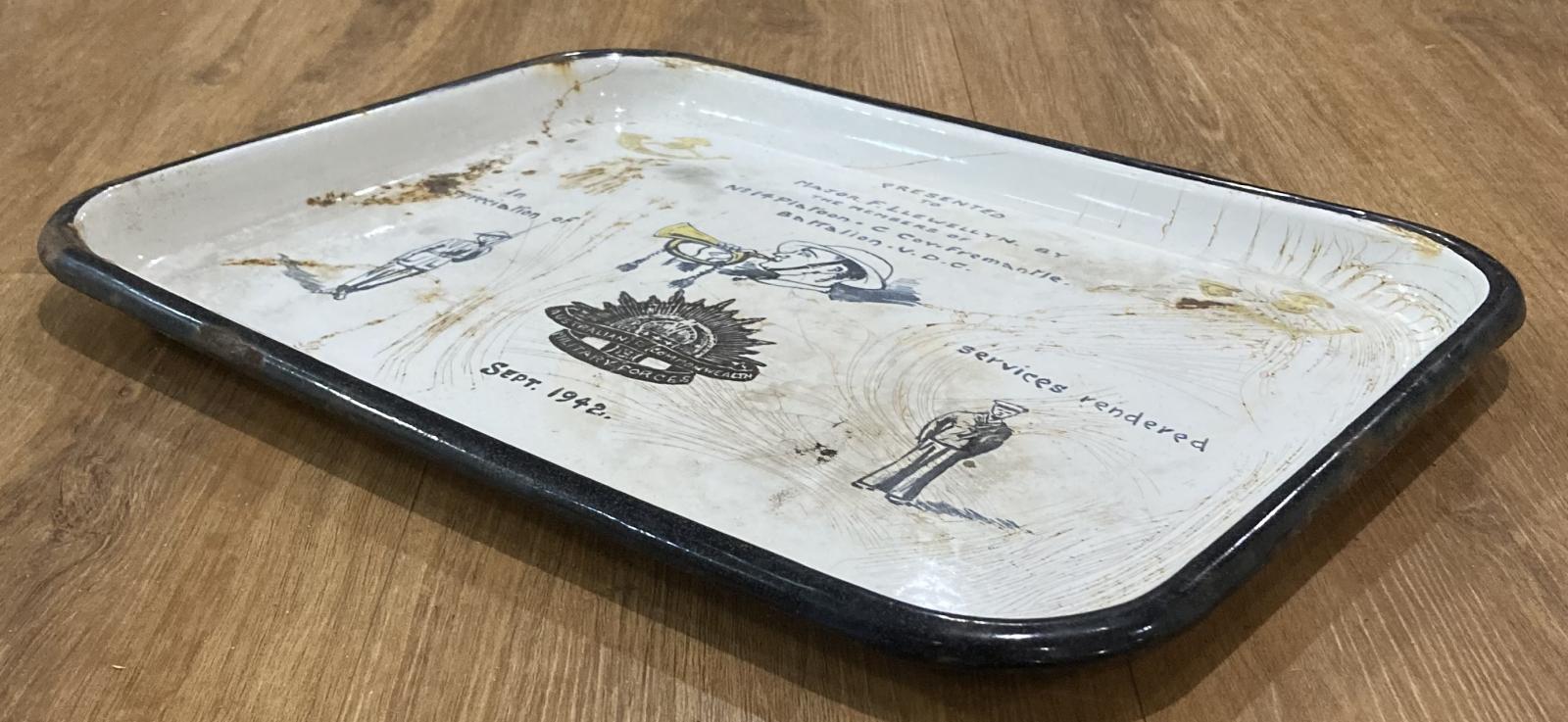 Other angled view of enamel tray presented to Volunteer Defence Corps (V.D.C.) Major F. Llewellyn