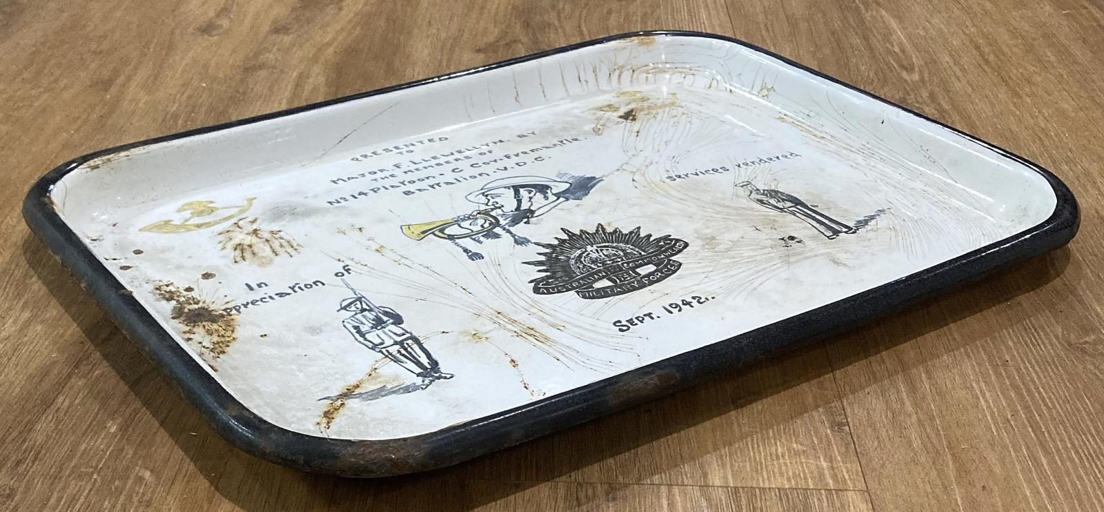 Angled view of enamel tray presented to Volunteer Defence Corps (V.D.C.) Major F. Llewellyn