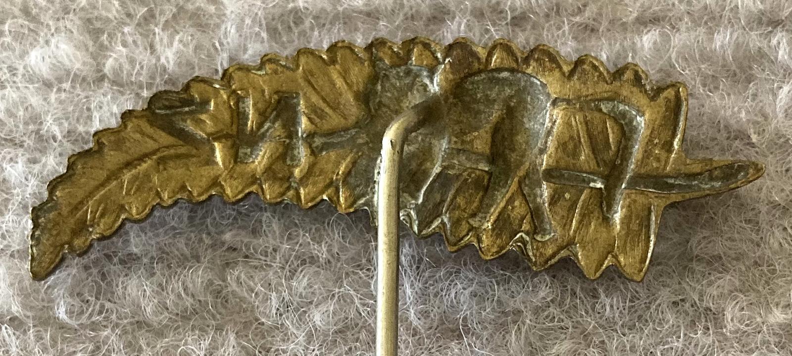 Close-up of reverse of WWI era NZ silver fern sweetheart pin with 'cat' motif