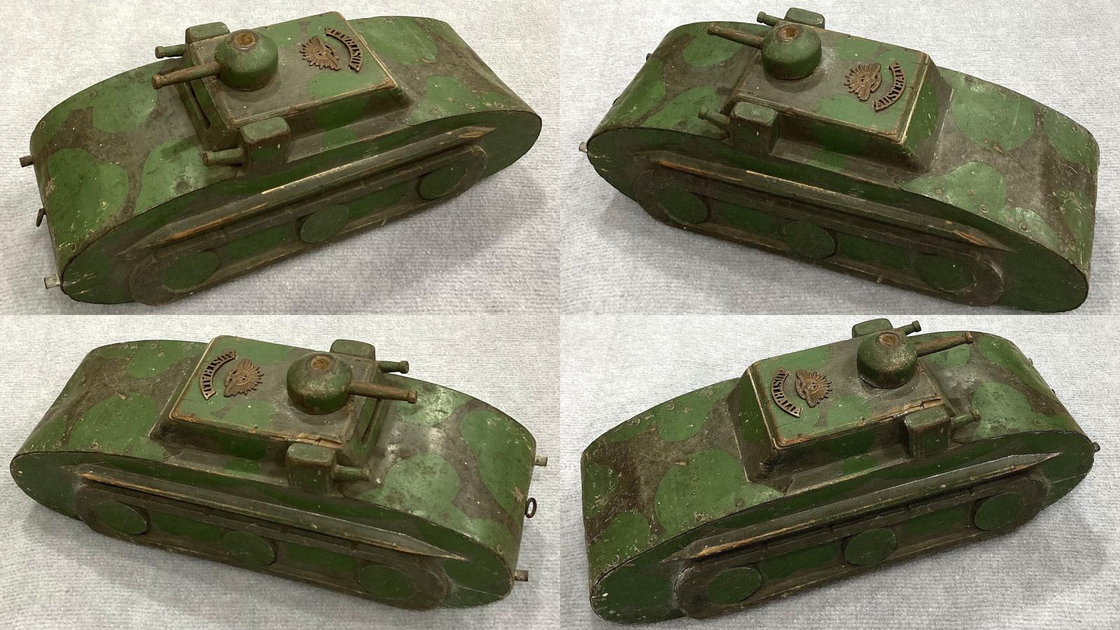 Metal and wood hand made toy tank - collage of angled views