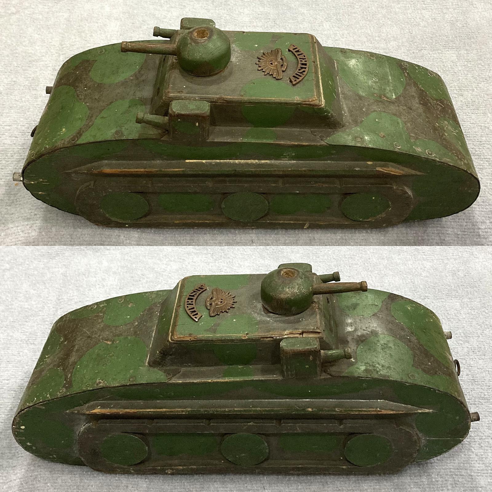 Metal and wood hand made toy tank - collage showing both sides from above