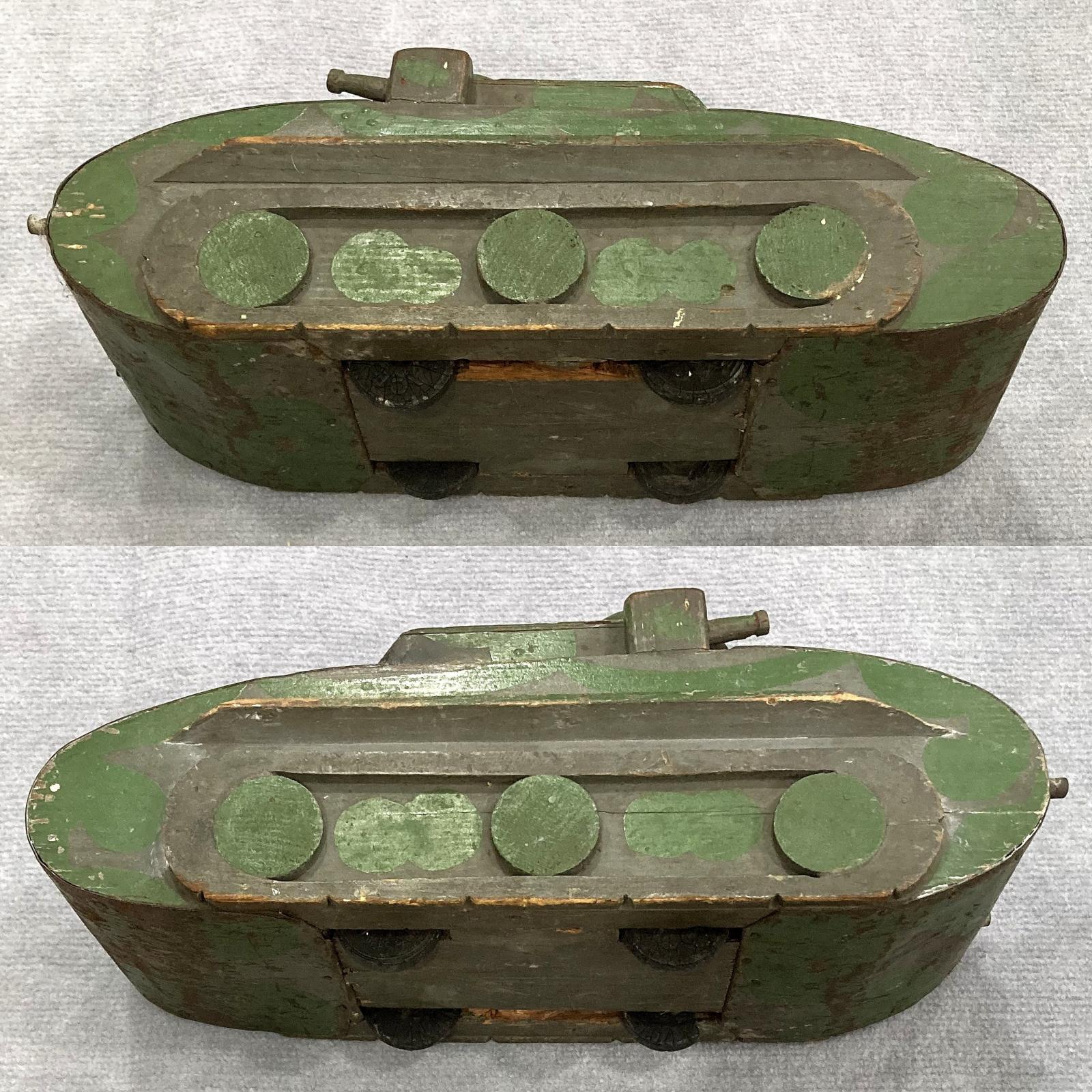 Metal and wood hand made toy tank - collage of side views from above