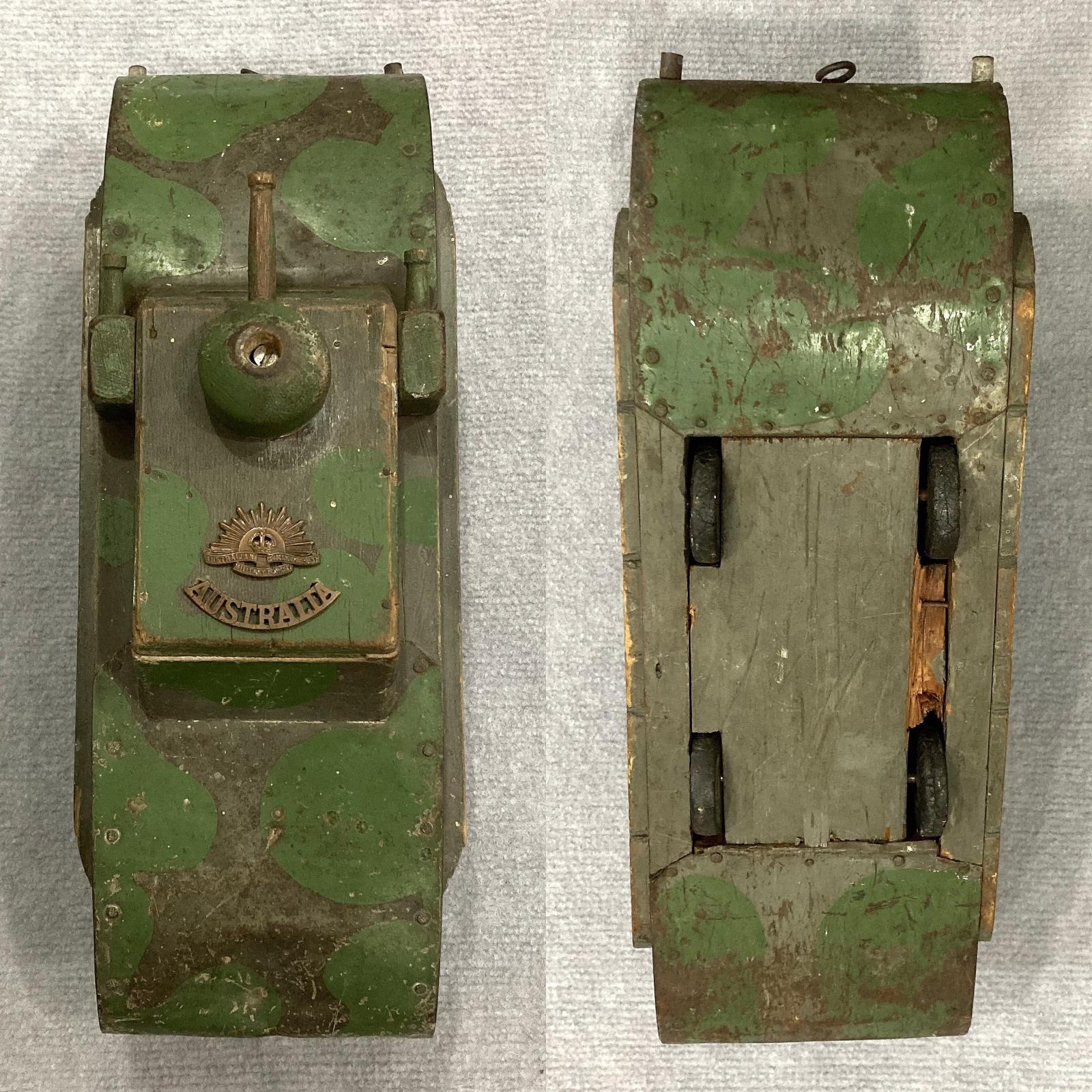 Metal and wood hand made toy tank - collage of top and bottom views