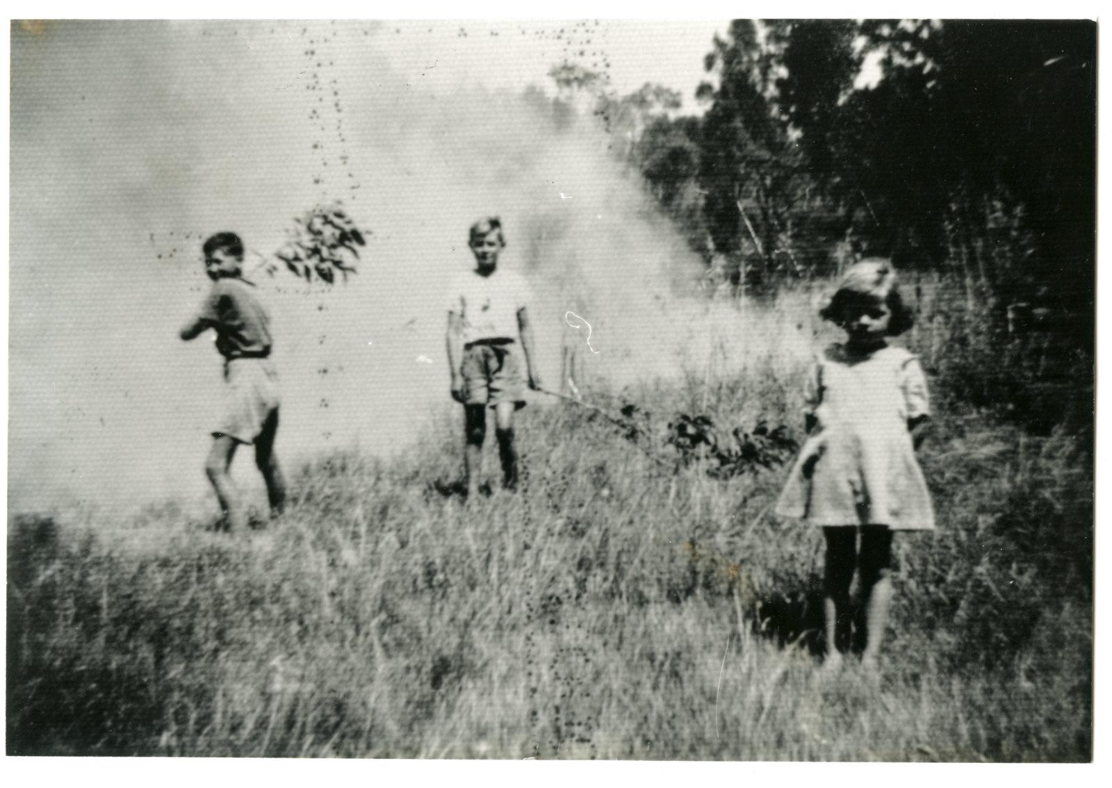 Children helping put out grass fire 1930