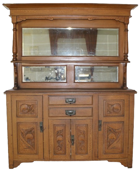 Sideboard, timber painted veneer with two drawers and three cupboards with metal ring handles attached, mirrored back and shelves. Turned wood sides and inserts in doors. Painted wood grain look veneer over entire surface. 