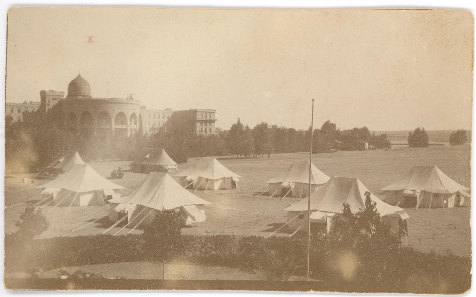 Photo of the No. 3 Auxiliary Hospital officers quarters tents, in the grounds of the Heliopolis Sporting Club.