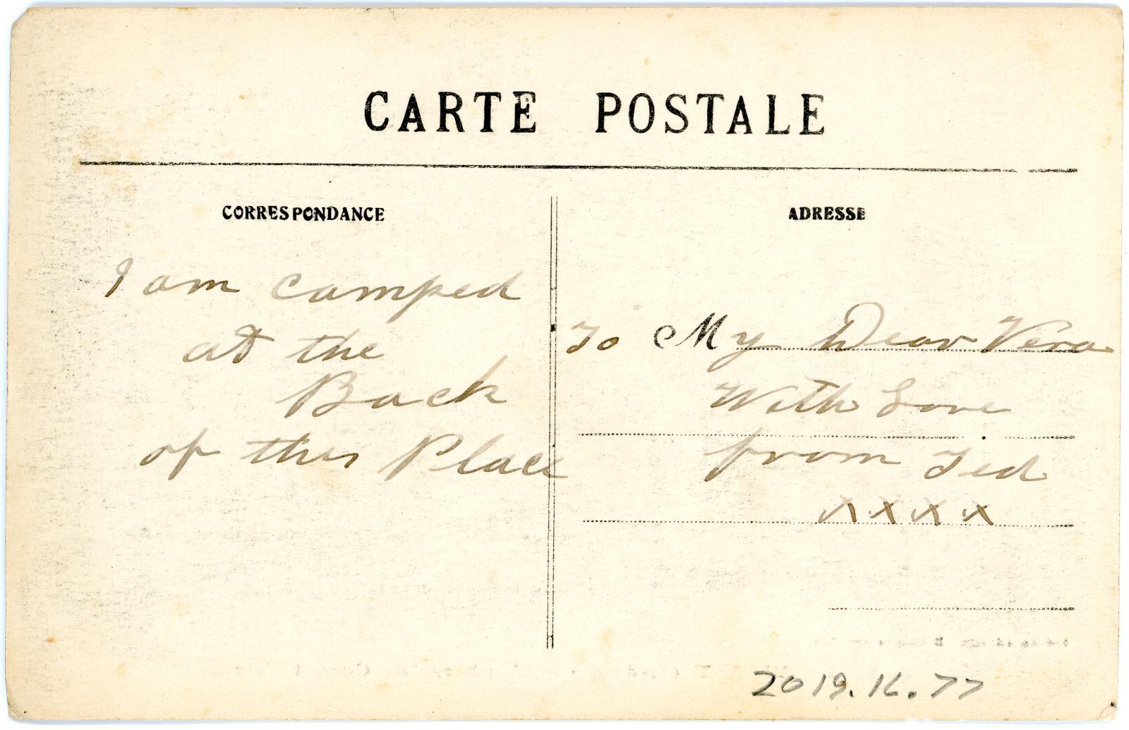 First World War Postcard ‘L’Auberge du Cornet d’Or’ sent from Pte. Edward Charles MOUCHEMORE, 6351