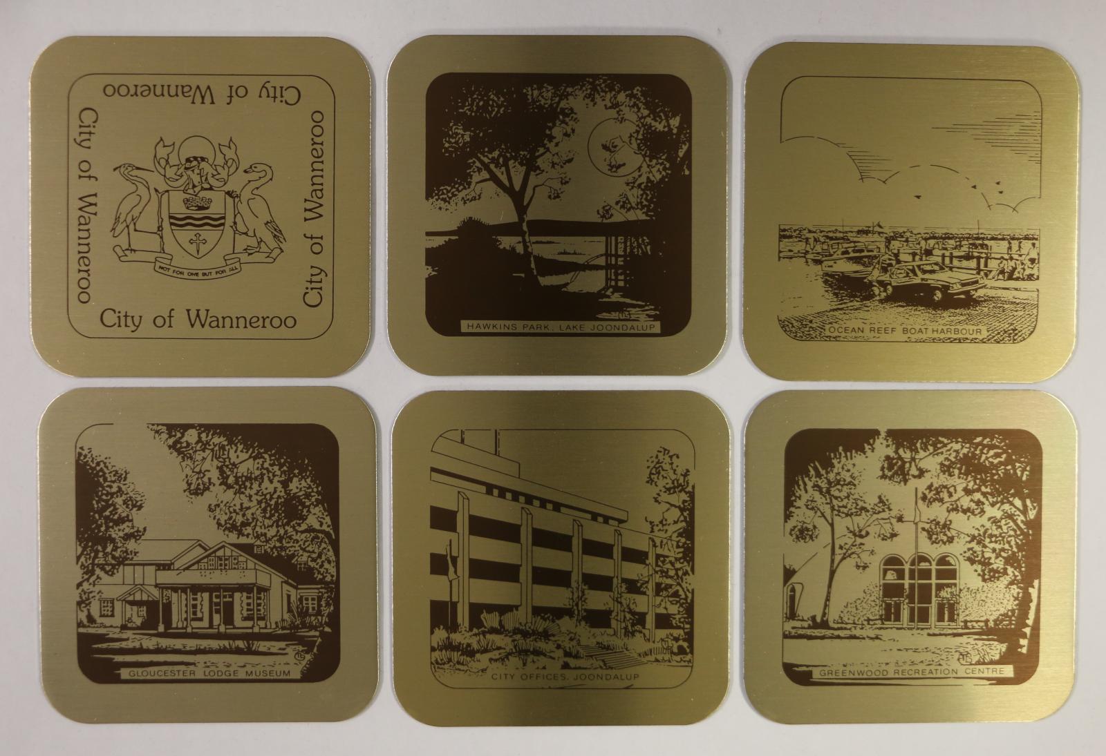 Set of 6 gold coasters, each depicting different images of places within the City of Wanneroo/Joondalup