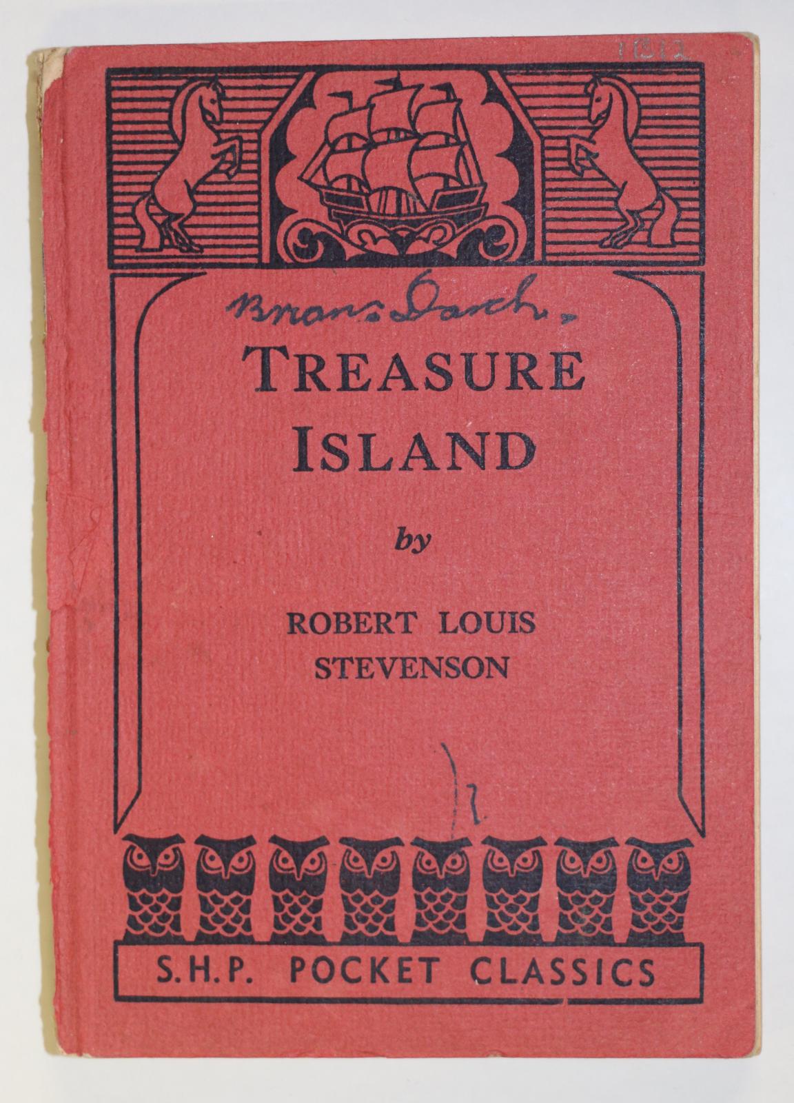 The book has a red cover and the title, author and publisher are printed in black. There is an image of two horses on their hind legs facing inwards towards a ship at the top. A border on the LH and RH side of the title and author. Eight owls above the publisher.