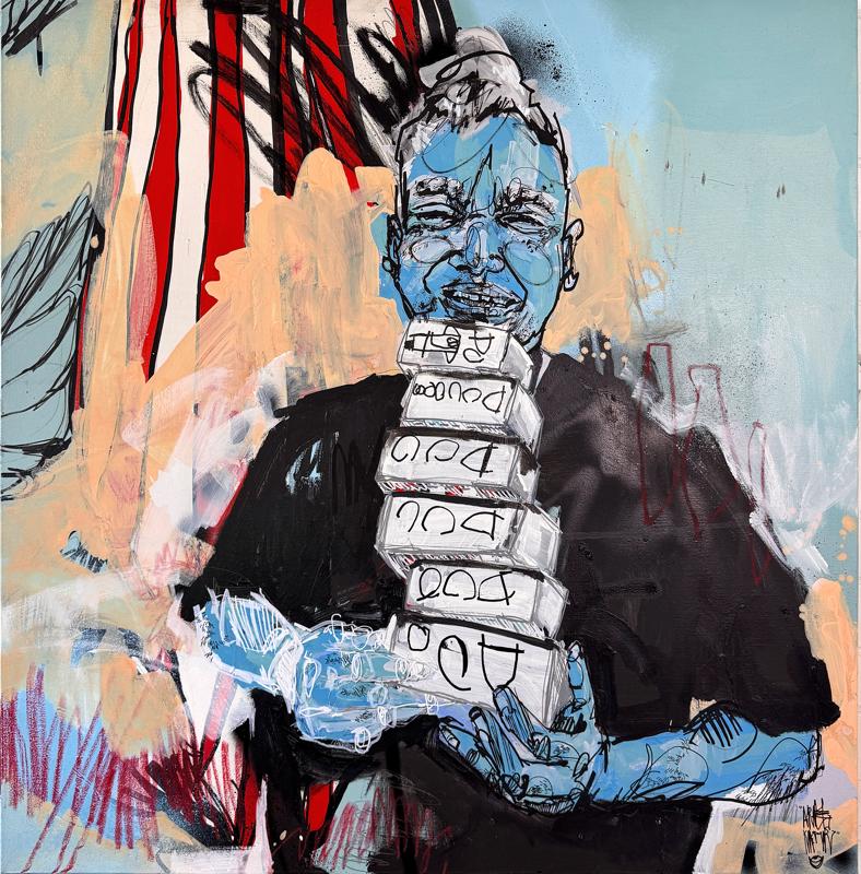 Acrylic Painting by Ariel KATZIR, Blue Man in Black T-Shirt, smiling, holding books