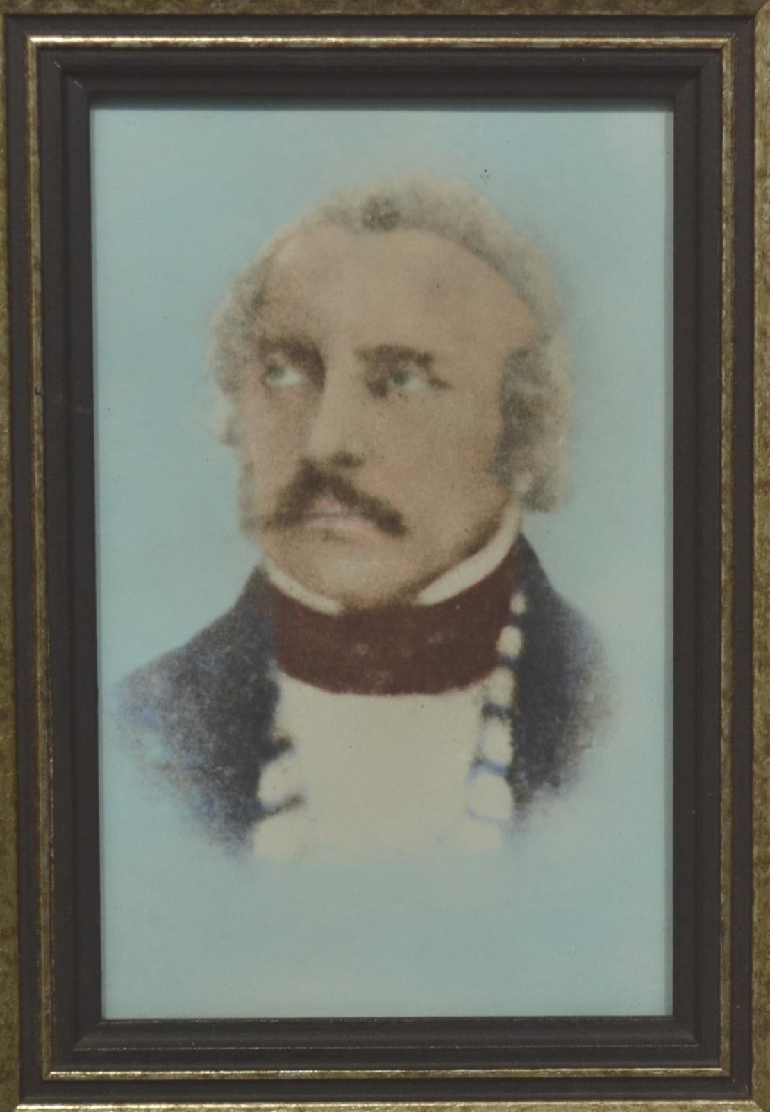 A close up of the portrait of Henry Hall on a light blue background, he has a receding grey hairline with a dark drooping moustache and is looking up. He is wearing a maroon coloured cravat over a white shirt with a high collar under a dark jacket