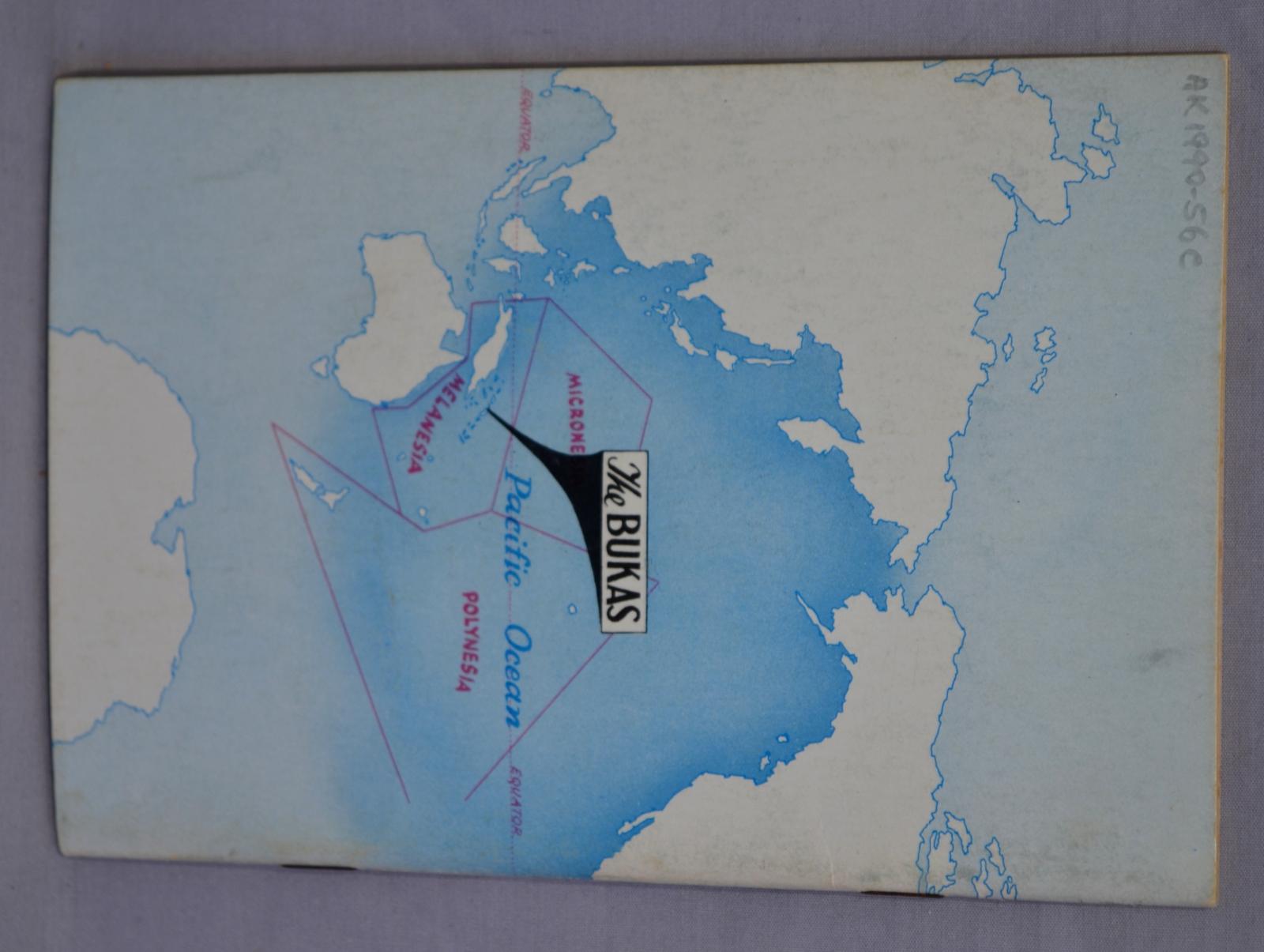 The back cover of the tenth book in a series describing the inhabitants of islands in the Solomon Sea, showing the location of BUKAS.