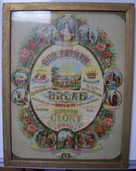 Framed colour print with pane glass cover. The print has a cream background with an oval image with a floral border. Around the oval are various religious images, each one is an interpretation of the Commandment it is labelled with.