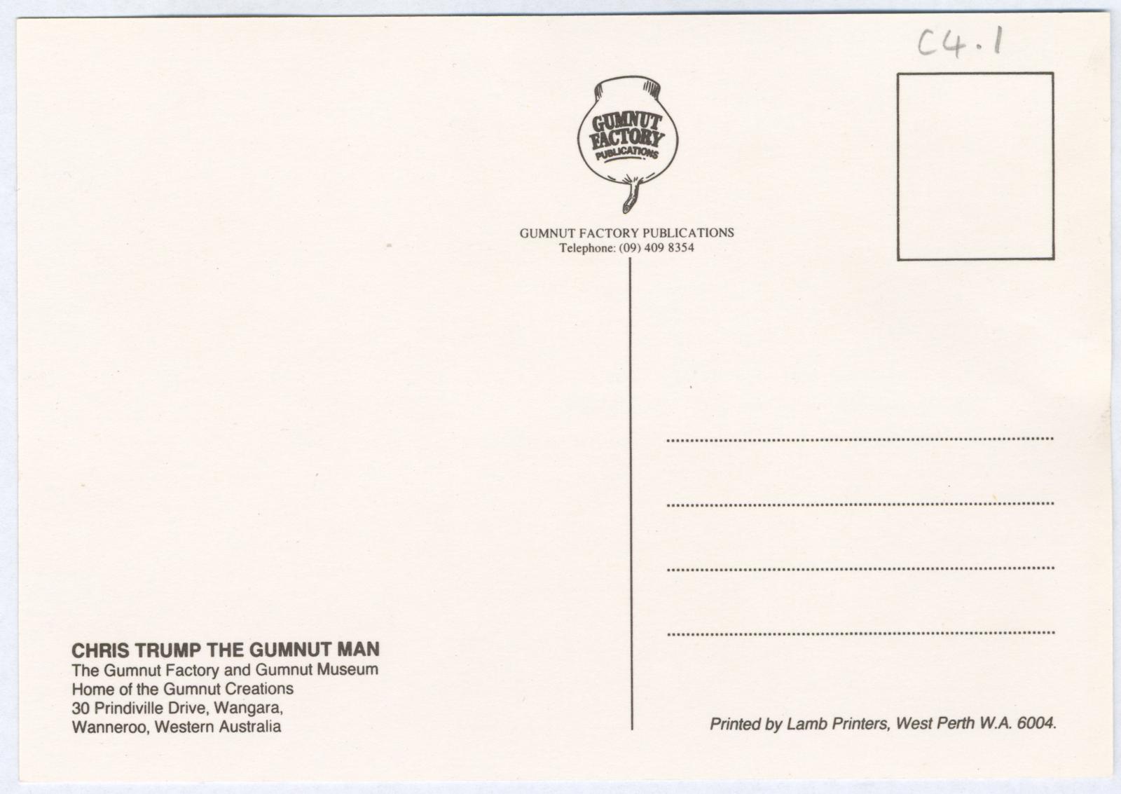 Back of postcard with location and contact details 