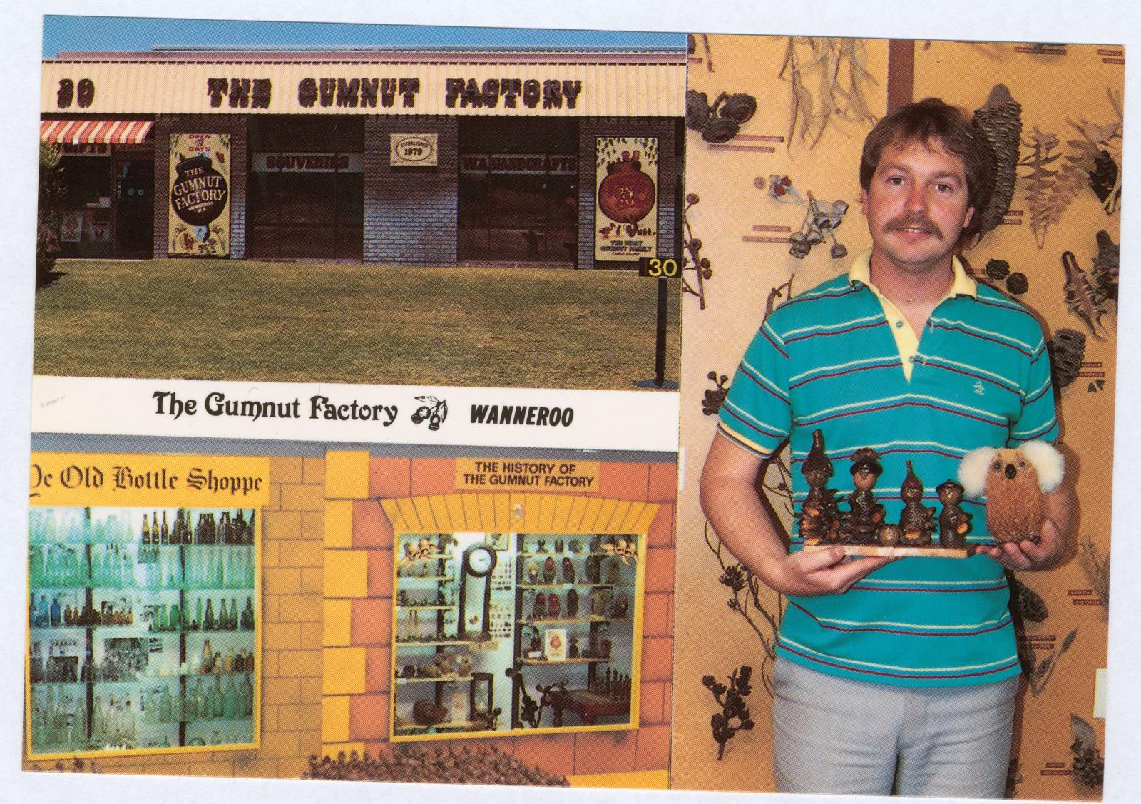 Gumnut Factory's exterior and interior (left) and Chris Trump holding gumnut toys (right)