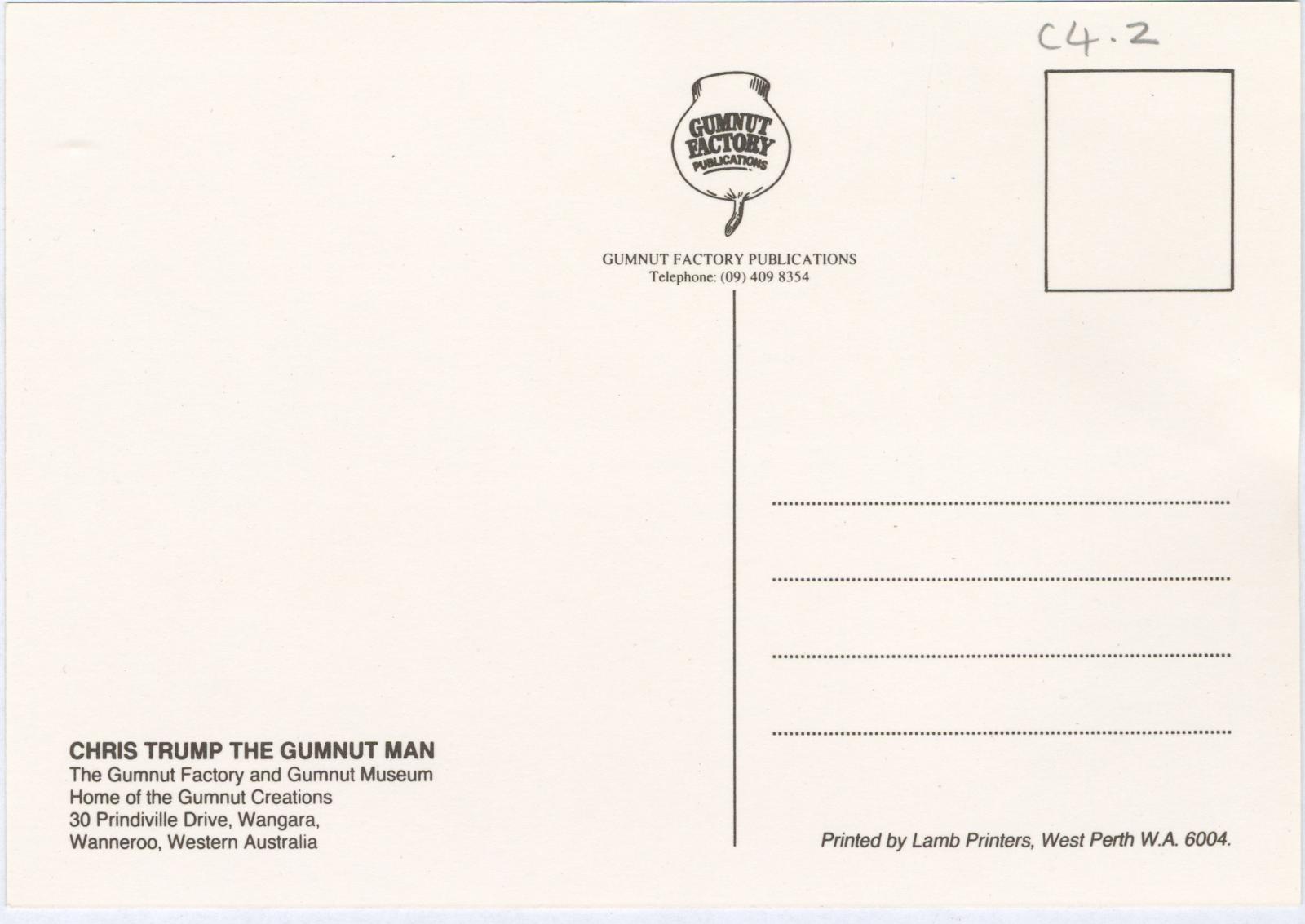 Back of postcard with contact details and address 