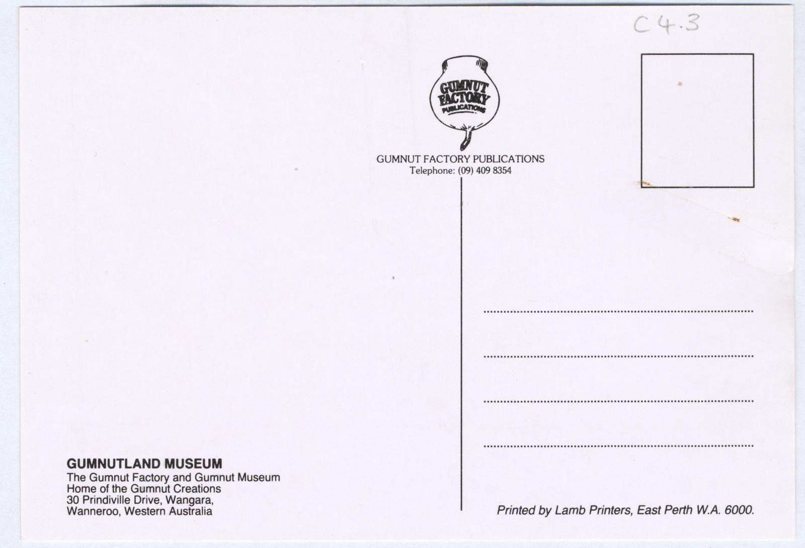 Back of postcard with contact details and address