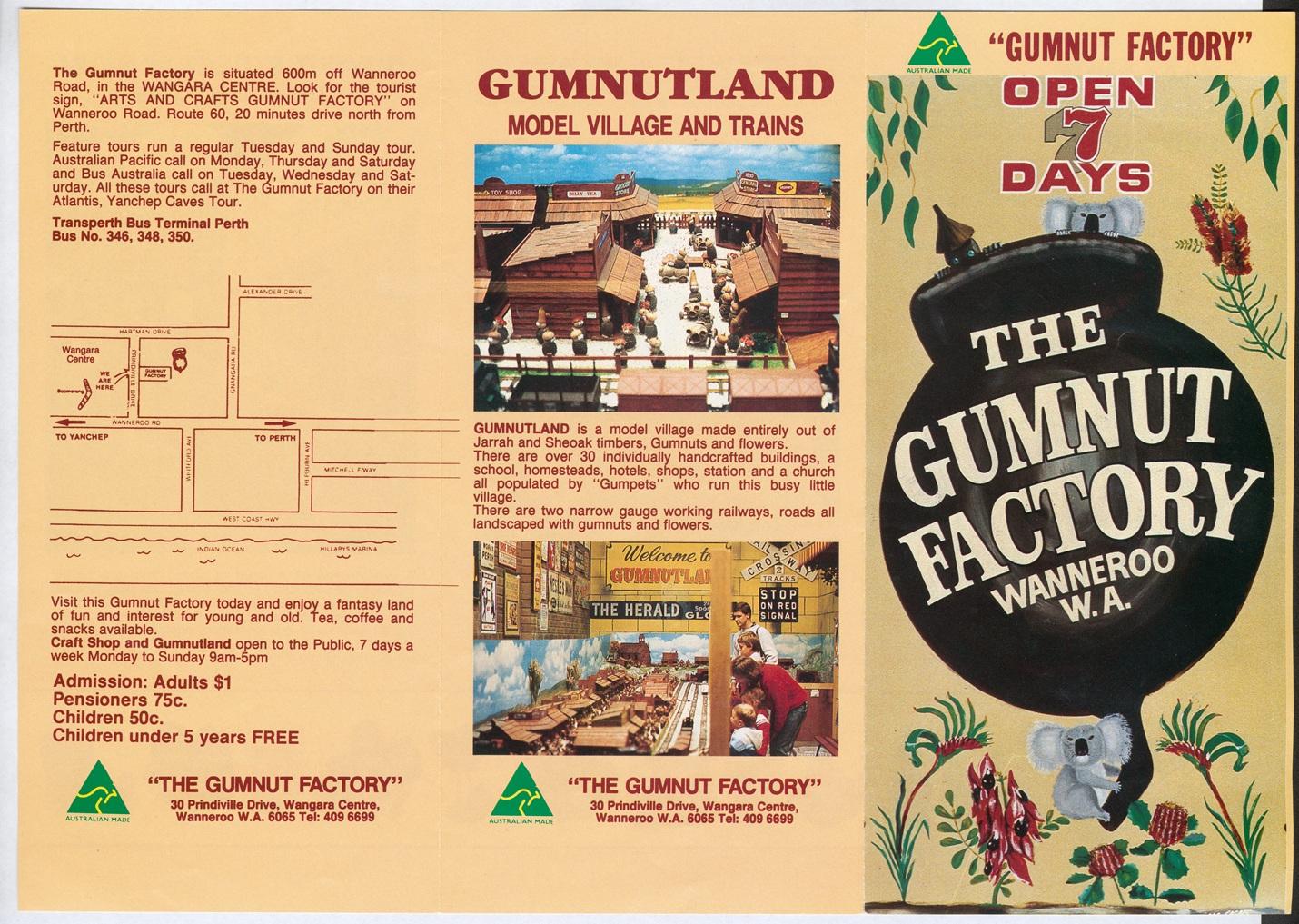 Pamphlet shows map of Gumnut Factory's surrounds and illustrations of the souvenirs.