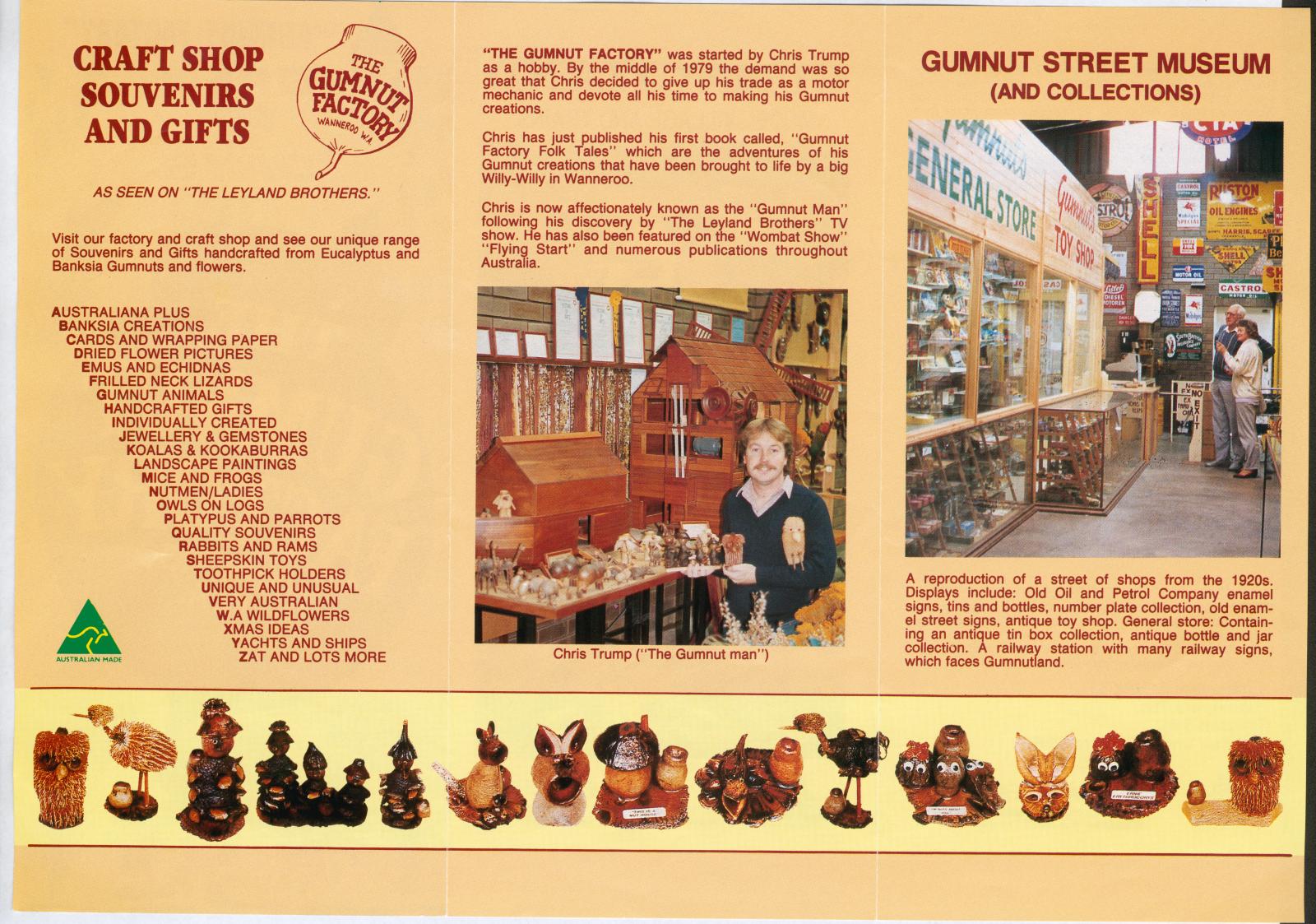 Shows various gumnut toys, Chris Trump, and inside the museum, with a brief history.