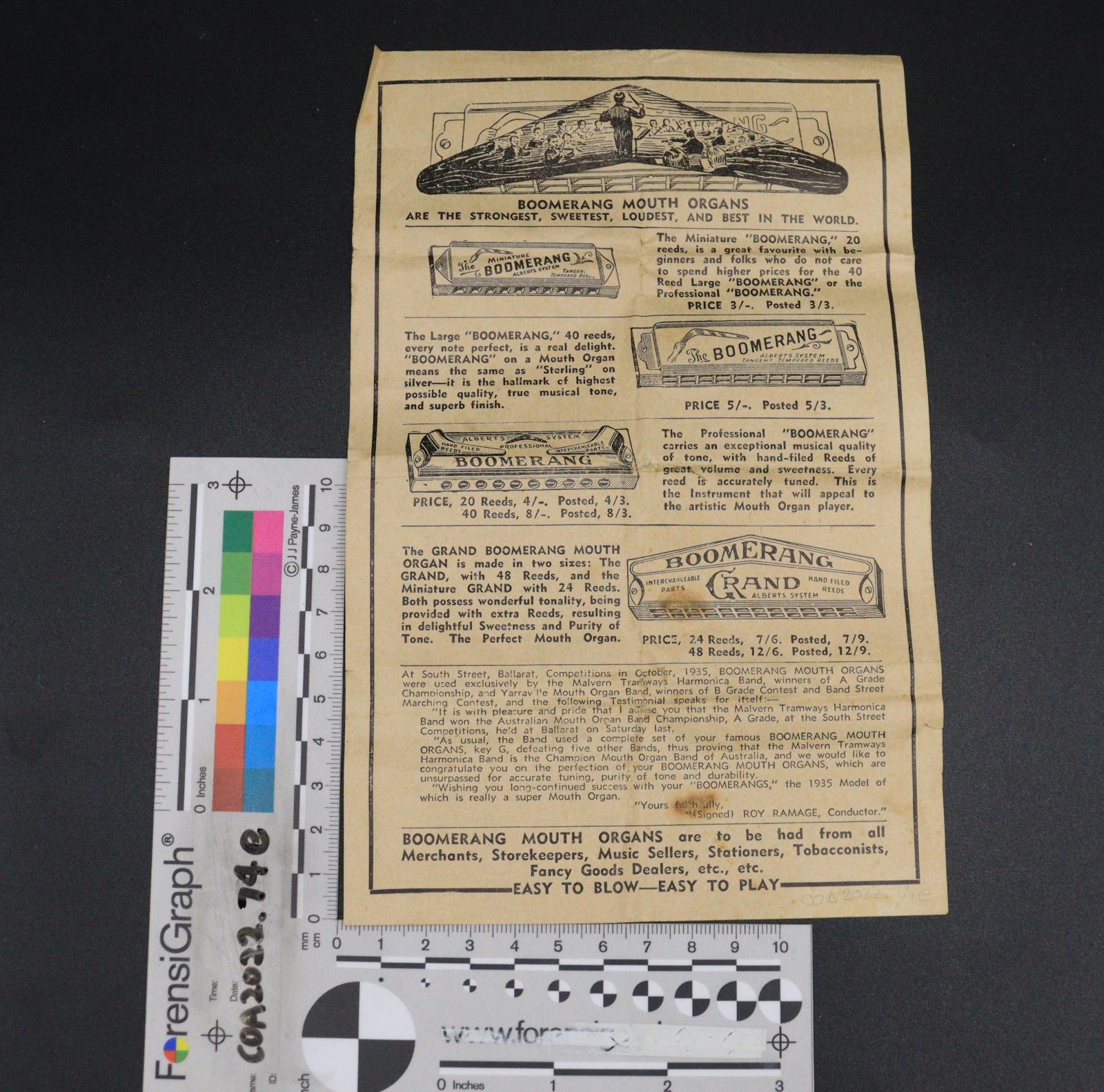 The backside to a set of instructions to the Magic Flute, advertising Boomerang Mouth Organs.