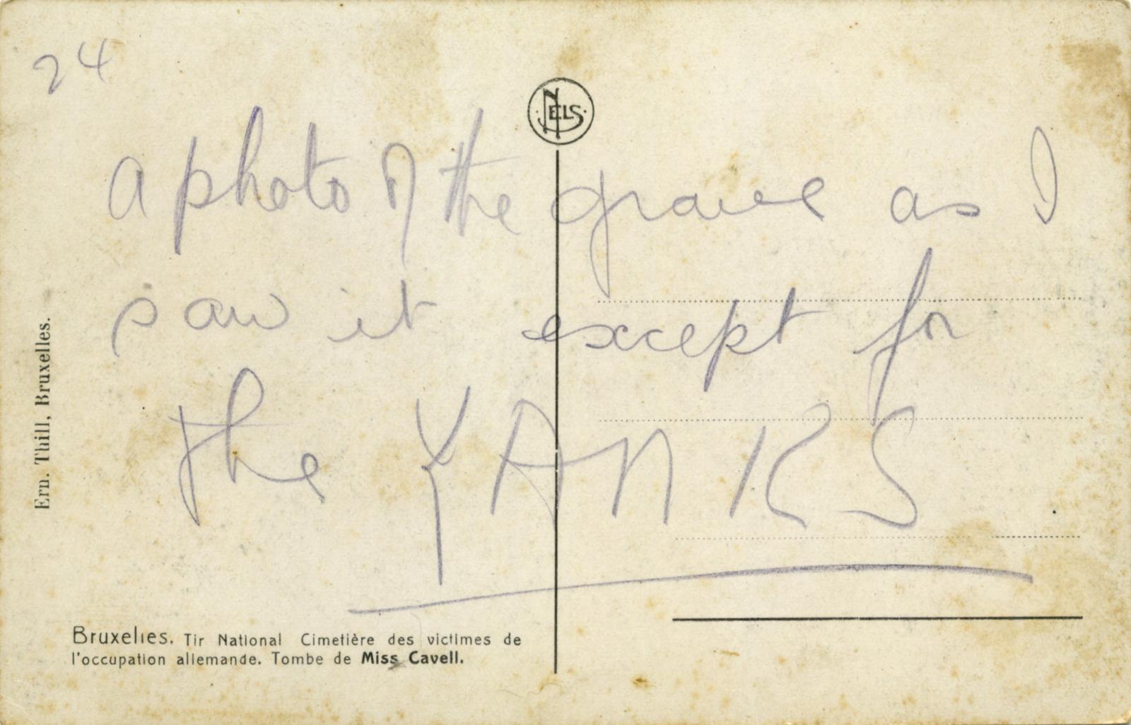 Reverse of postcard showing the grave of Edith Cavell in Brussels - 1