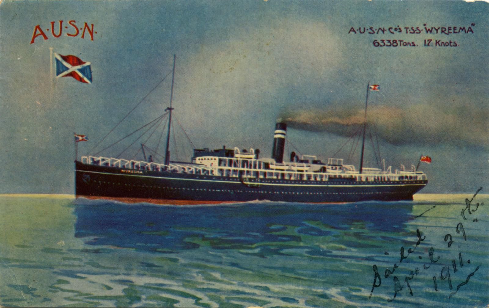 Colour postcard of T.S.S. Wyreema - 1911